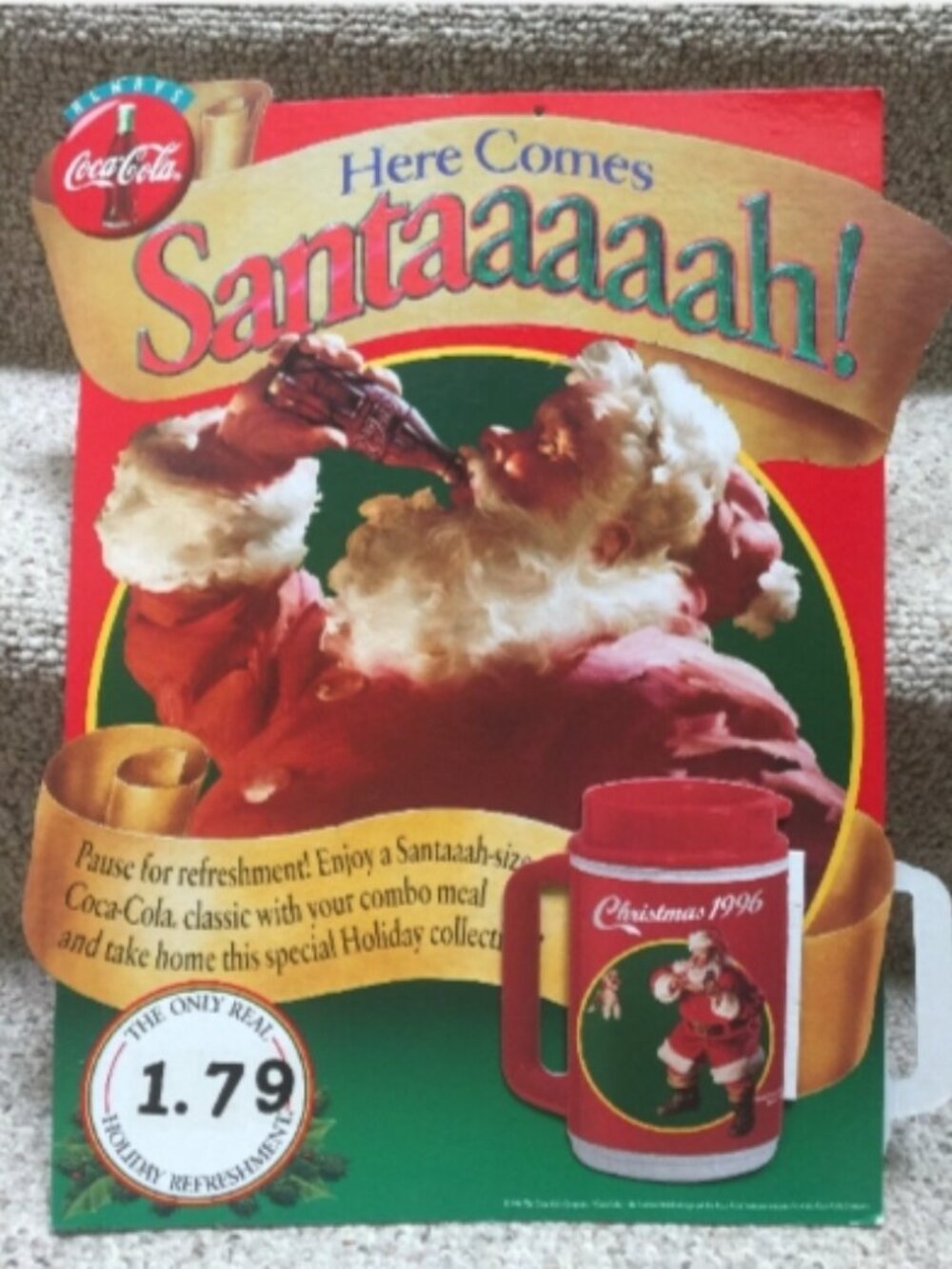Coca Cola Sundblom Santa Mug Retail Sign-1996-Here Comes Santaaaaah! Combo Meal